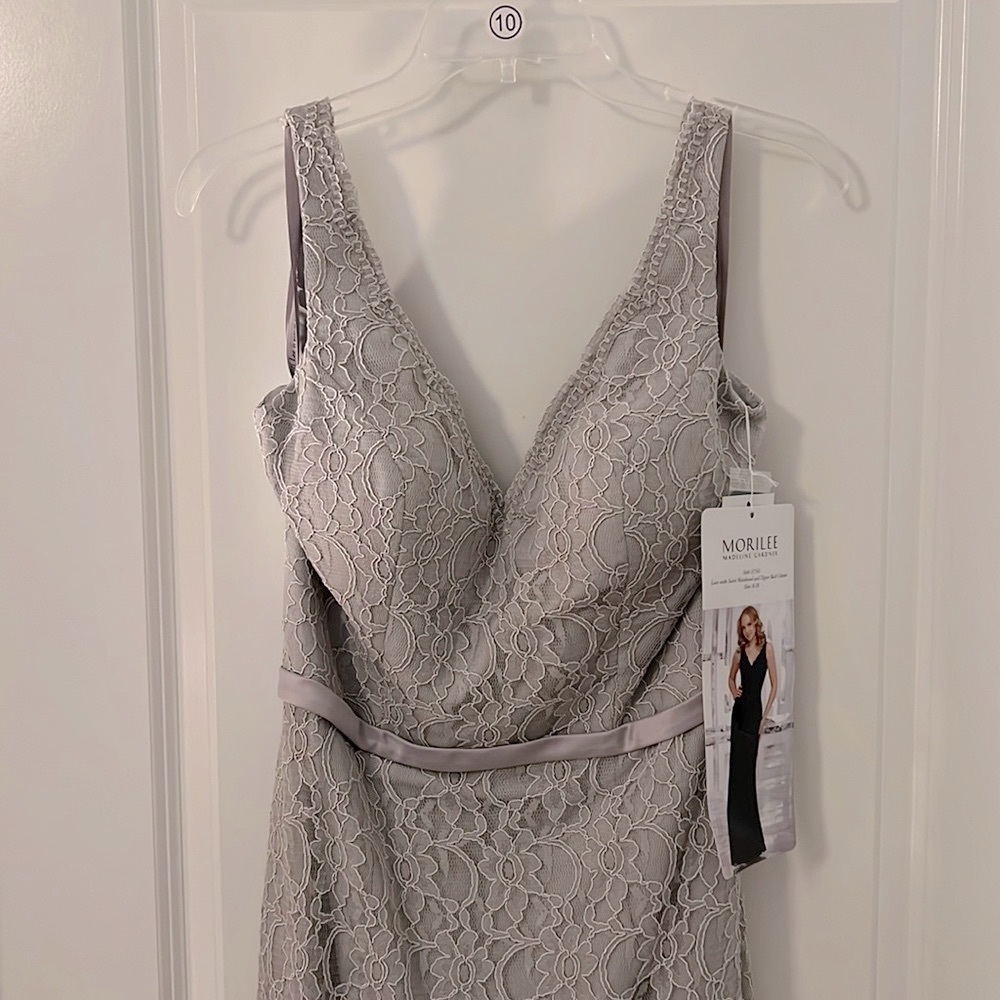 Mori Lee lace with satin waistband and zipper back closure gown, 21541, silver
